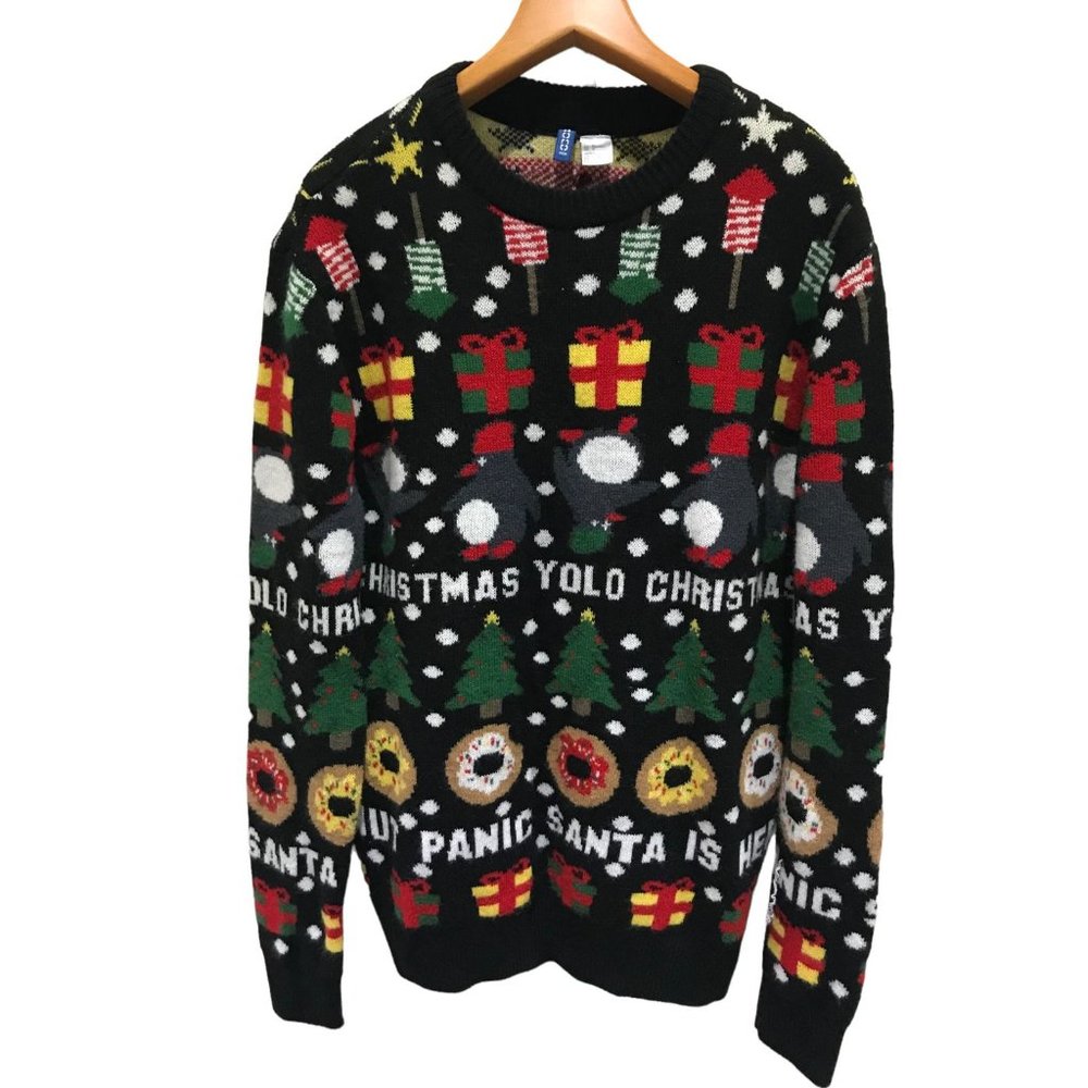 H&M Divided Ugly Christmas Sweater Unisex Medium YOLO Donut Panic, It’s Santa M